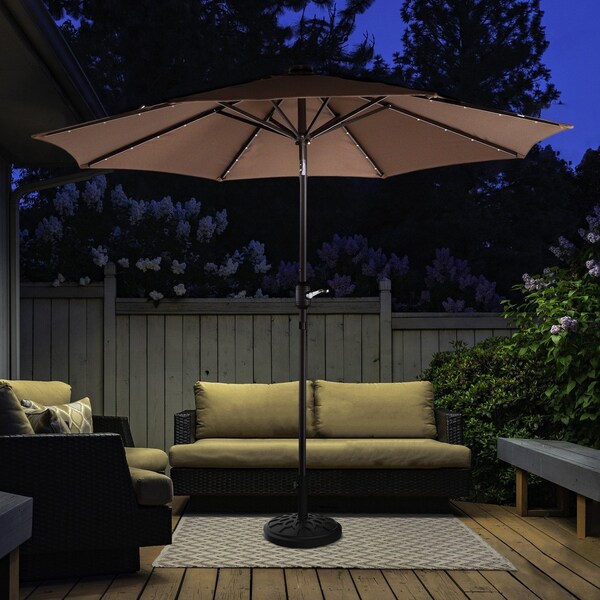 Villacera 9-Foot LED Outdoor Patio Umbrella with Base, Brown - 83-OUT5421B