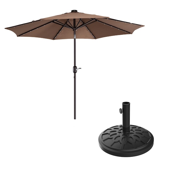 Villacera 9-Foot LED Outdoor Patio Umbrella with Base, Brown - 83-OUT5421B