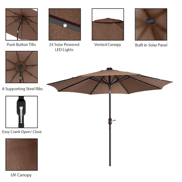 Villacera 9-Foot LED Outdoor Patio Umbrella with Base, Brown - 83-OUT5421B