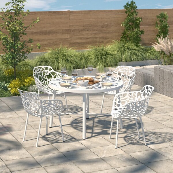 Leisuremod Devon Tree Design Glass Top Aluminum Base Indoor Outdoor Dining Table, White - DT48W