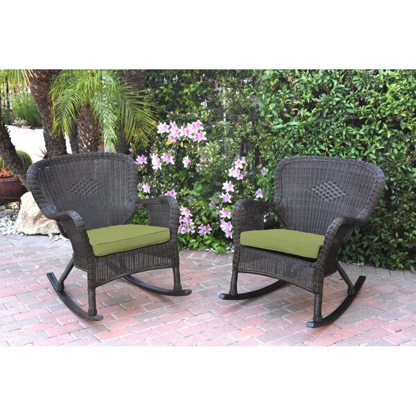 Jeco W00215-R-2-FS029 Windsor Espresso Resin Wicker Rocker Chair with Green Cushion, 2PK - W00215-R_2-FS029