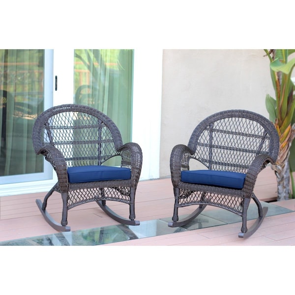 Jeco W00208-R-2-FS011-CS Espresso Wicker Rocker Chair with Blue Cushion, 2PK - W00208-R_2-FS011-CS