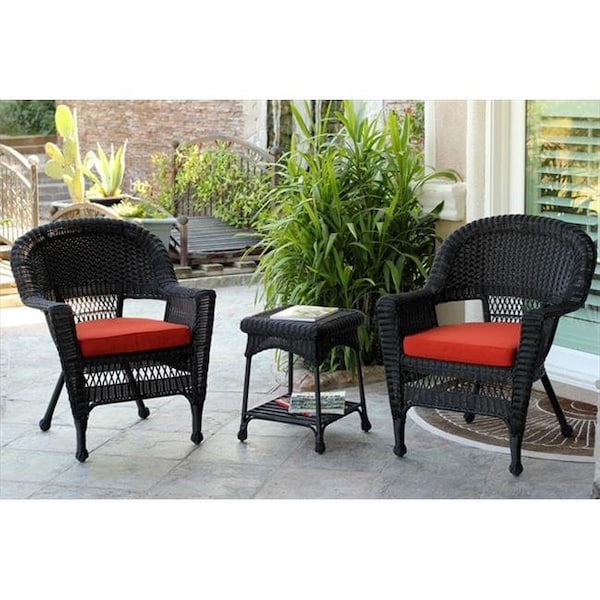 Jeco Jeco W00207_2-CES018 3 Piece Black Wicker Chair And End Table Set With Red Orange Cushion - W00207_2-CES018