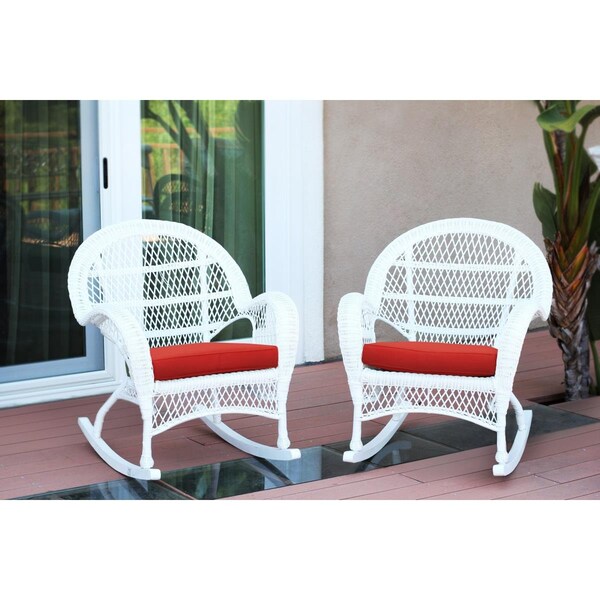 Jeco W00209-R-2-FS018-CS White Wicker Rocker Chair with Red Cushion, 2PK - W00209-R_2-FS018-CS