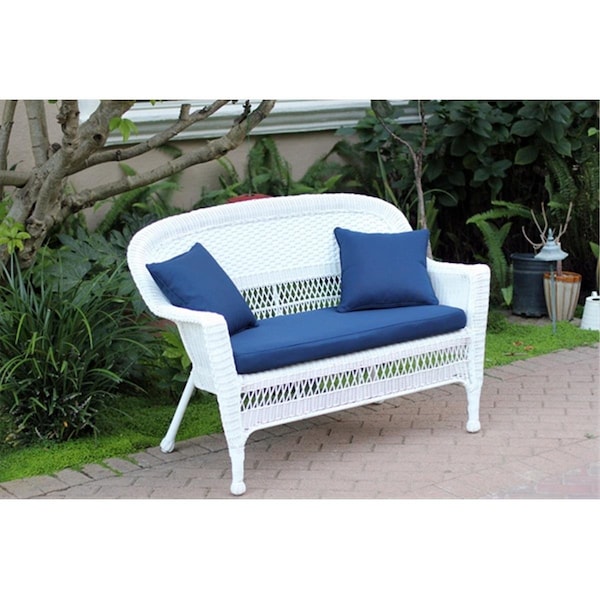 Propation White Wicker Patio Love Seat With Blue Cushion And Pillows - PR2419504