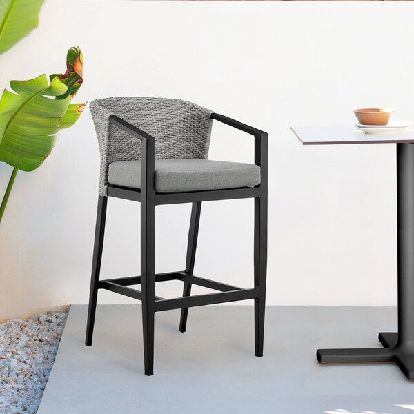 Armen Living Palma Outdoor Patio Counter Height Bar Stool in Aluminum and Wicker with Gray Cushions - LCPFBAGR26
