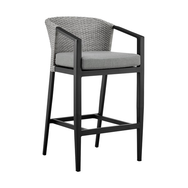 Armen Living Palma Outdoor Patio Counter Height Bar Stool in Aluminum and Wicker with Gray Cushions - LCPFBAGR26