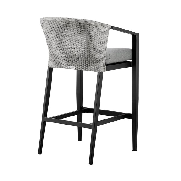 Armen Living Palma Outdoor Patio Counter Height Bar Stool in Aluminum and Wicker with Gray Cushions - LCPFBAGR26