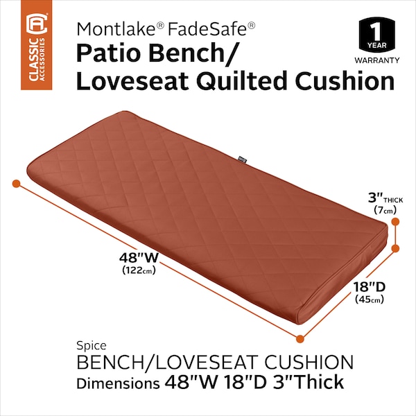 Classic Accessories Montlake Quilted Patio Cushion, Spice, 48"x18"x3" - 62-015-QSPICE-EC