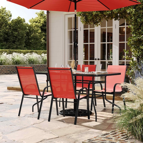 Flash Furniture Brazos 5 Pc Outdoor Patio Dining Set - 55in Tempered Glass Patio Tbl w/Umbrella Hole, 4 Red Chairs - TLH-089REC-303CRD4-GG