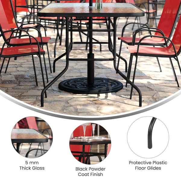 Flash Furniture Brazos 5 Pc Outdoor Patio Dining Set - 55in Tempered Glass Patio Tbl w/Umbrella Hole, 4 Red Chairs - TLH-089REC-303CRD4-GG