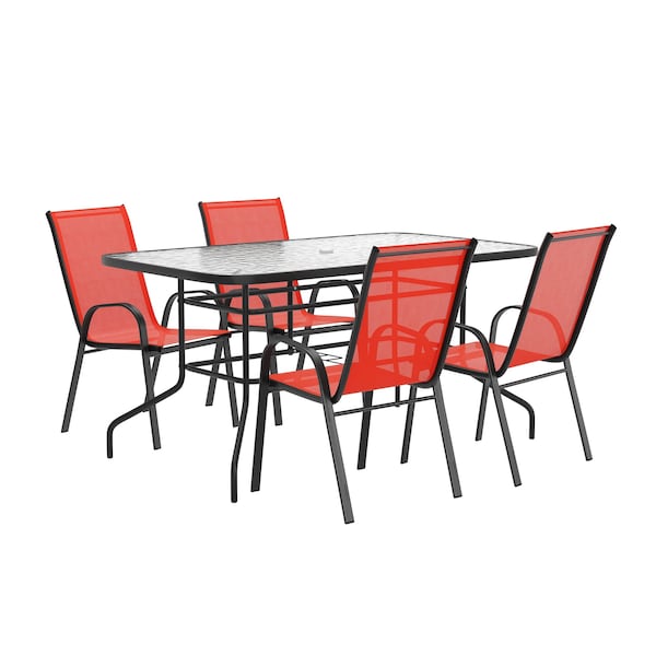 Flash Furniture Brazos 5 Pc Outdoor Patio Dining Set - 55in Tempered Glass Patio Tbl w/Umbrella Hole, 4 Red Chairs - TLH-089REC-303CRD4-GG