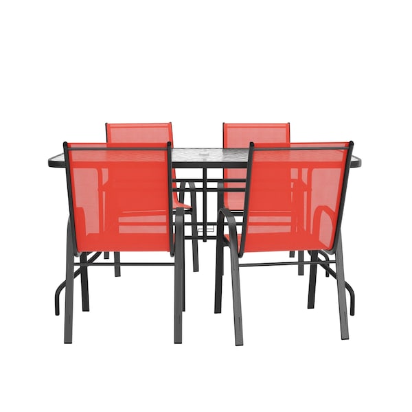 Flash Furniture Brazos 5 Pc Outdoor Patio Dining Set - 55in Tempered Glass Patio Tbl w/Umbrella Hole, 4 Red Chairs - TLH-089REC-303CRD4-GG