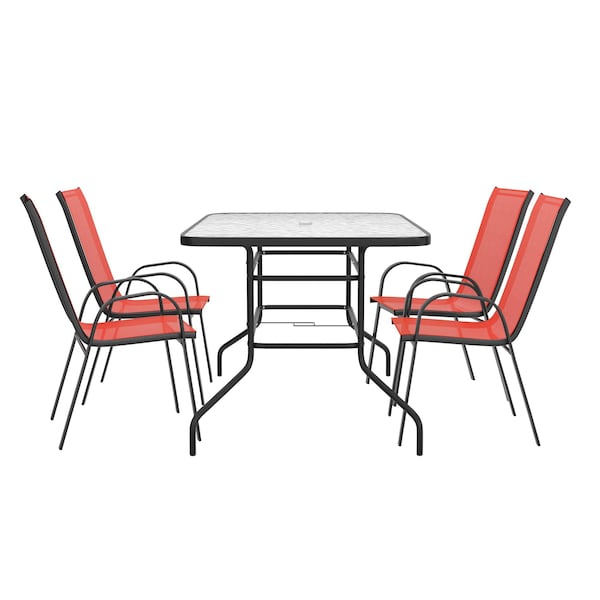 Flash Furniture Brazos 5 Pc Outdoor Patio Dining Set - 55in Tempered Glass Patio Tbl w/Umbrella Hole, 4 Red Chairs - TLH-089REC-303CRD4-GG