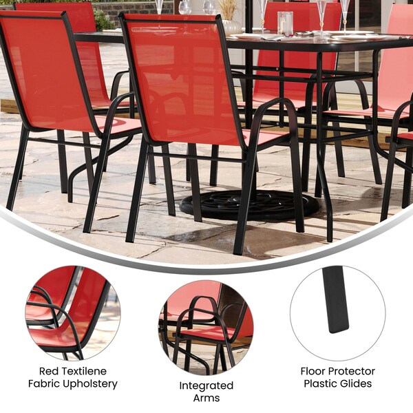 Flash Furniture Brazos 5 Pc Outdoor Patio Dining Set - 55in Tempered Glass Patio Tbl w/Umbrella Hole, 4 Red Chairs - TLH-089REC-303CRD4-GG