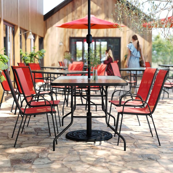 Flash Furniture Brazos 5 Pc Outdoor Patio Dining Set - 55in Tempered Glass Patio Tbl w/Umbrella Hole, 4 Red Chairs - TLH-089REC-303CRD4-GG