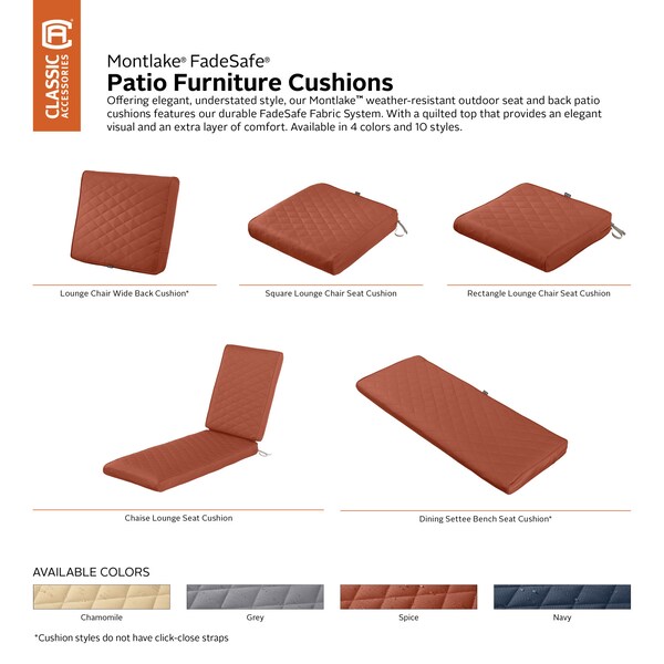 Classic Accessories Montlake Quilted Patio Cushion, Spice, 25"x22"x4" - 62-028-QSPICE-EC