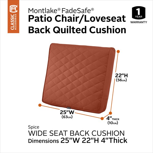 Classic Accessories Montlake Quilted Patio Cushion, Spice, 25"x22"x4" - 62-028-QSPICE-EC