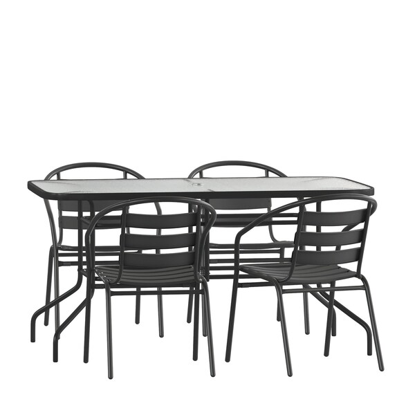 Flash Furniture 5PC Patio Set-55" Glass Table, 4 Black Chairs - TLH-089REC-017CBK4-GG