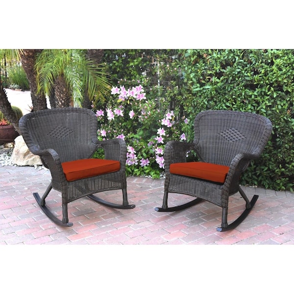 Jeco W00215-R-2-FS018 Windsor Espresso Resin Wicker Rocker Chair with Red Cushion, 2PK - W00215-R_2-FS018
