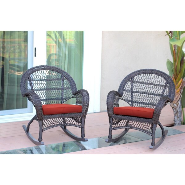 Jeco W00208-R-2-FS018-CS Espresso Wicker Rocker Chair with Red Cushion, 2PK - W00208-R_2-FS018-CS