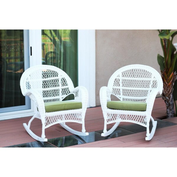 Jeco W00209-R-2-FS029-CS White Wicker Rocker Chair with Green Cushion, 2PK - W00209-R_2-FS029-CS