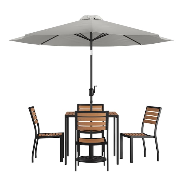 Flash Furniture Faux Teak 35" Table-Gray Umbrella-Base-4 Chairs - XU-DG-810060364-UB19BGY-GG