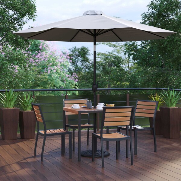 Flash Furniture Faux Teak 35" Table-Gray Umbrella-Base-4 Chairs - XU-DG-810060364-UB19BGY-GG