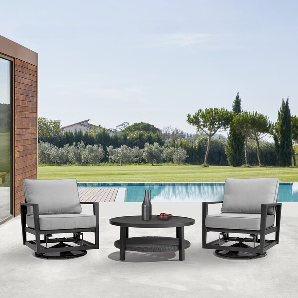 Armen Living Grand 3 Piece Black Aluminum Outdoor Seating Set with Dark Gray Cushions - 840254333086