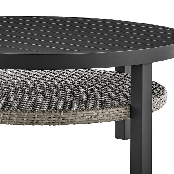 Armen Living Aileen Outdoor Patio Round Coffee Table in Black Aluminum with Gray Wicker Shelf - 840254332508