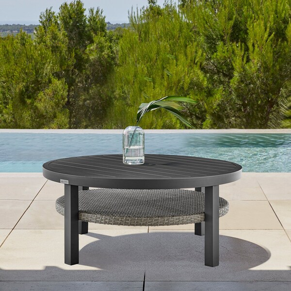 Armen Living Aileen Outdoor Patio Round Coffee Table in Black Aluminum with Gray Wicker Shelf - 840254332508