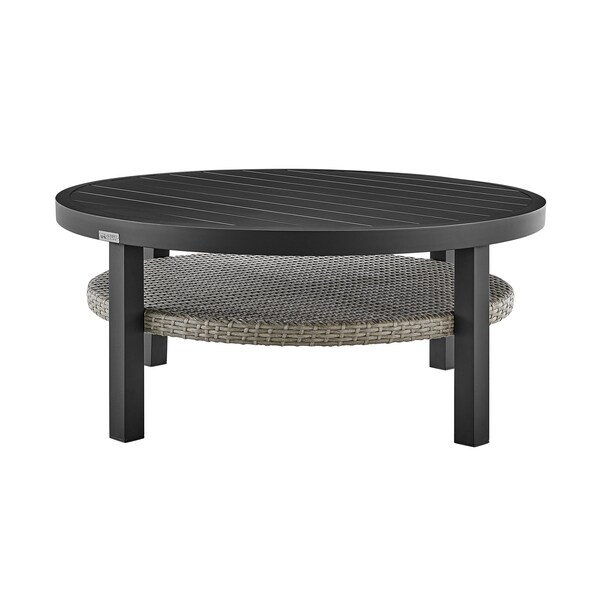 Armen Living Aileen Outdoor Patio Round Coffee Table in Black Aluminum with Gray Wicker Shelf - 840254332508