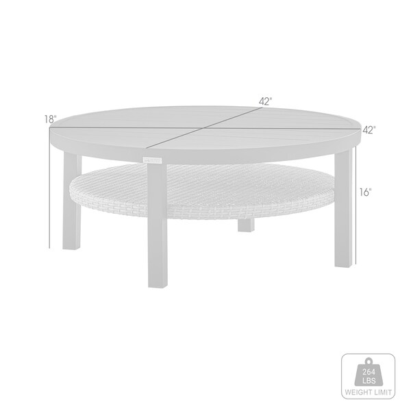 Armen Living Aileen Outdoor Patio Round Coffee Table in Black Aluminum with Gray Wicker Shelf - 840254332508