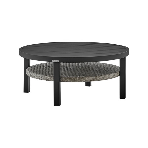 Armen Living Aileen Outdoor Patio Round Coffee Table in Black Aluminum with Gray Wicker Shelf - 840254332508