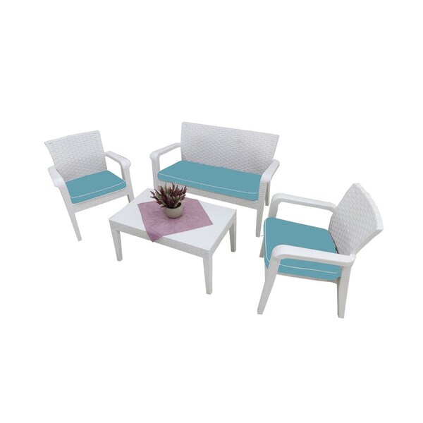 Rainbow Outdoor Alaska 4 Piece Seating Set with Cushions-White - RBO-ALASKA-WHT-4PC-CUSH-TEA