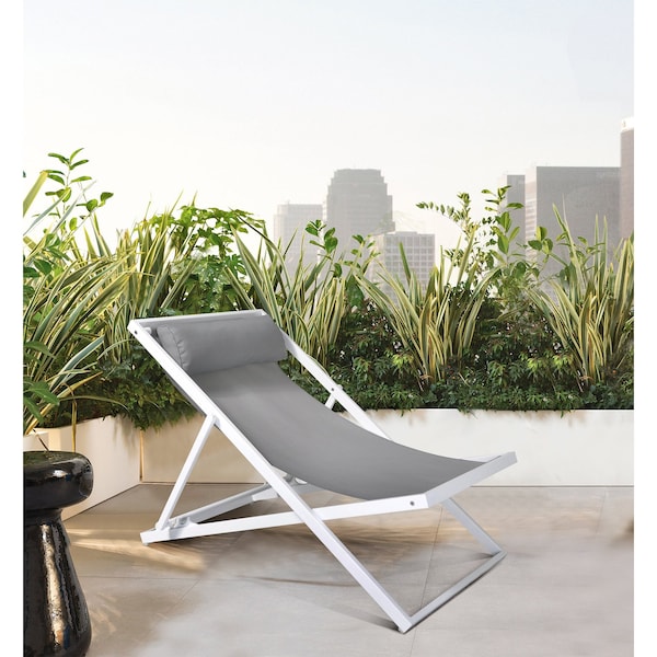 Armen Living Wave Outdoor Patio Aluminum Deck Chair in White Powder Coated Finish with Gray Sling Textilene - LCWALOWH