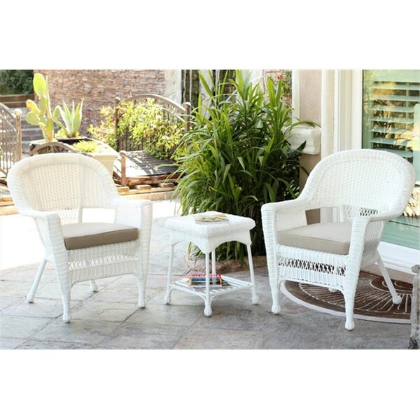 Jeco 3 Piece White Wicker Chair And End Table Set With Tan Chair Cushion - W00206_2-CES006
