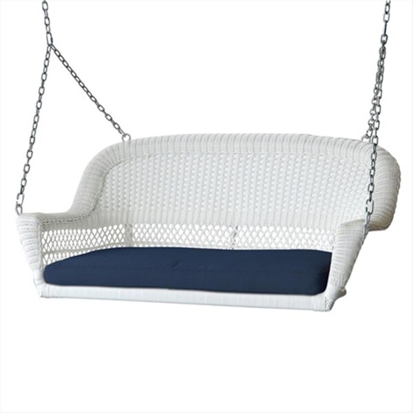 Jeco Jeco W00206S-B-FS011 White Wicker Porch Swing With Blue Cushion - W00206S-B-FS011