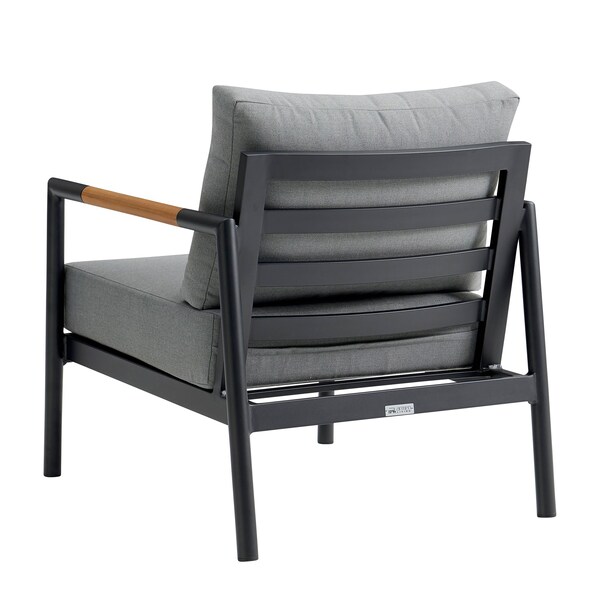 Armen Living Crown Aluminum and Teak Wood Outdoor Sofa in Black and Dark Gray - SETODCRBLBX3