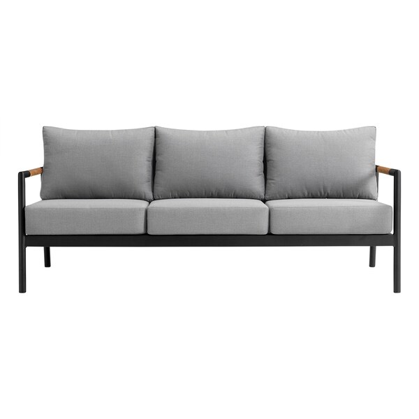 Armen Living Crown Aluminum and Teak Wood Outdoor Sofa in Black and Dark Gray - SETODCRBLBX3