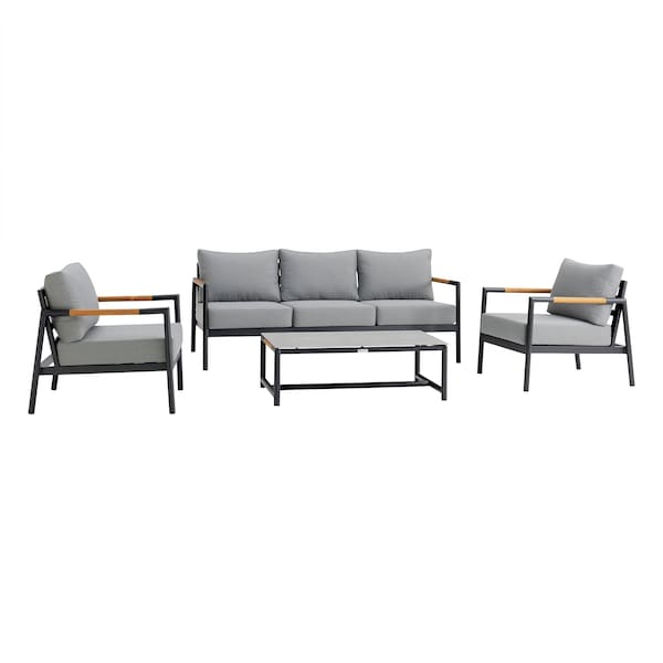 Armen Living Crown Aluminum and Teak Wood Outdoor Sofa in Black and Dark Gray - SETODCRBLBX3