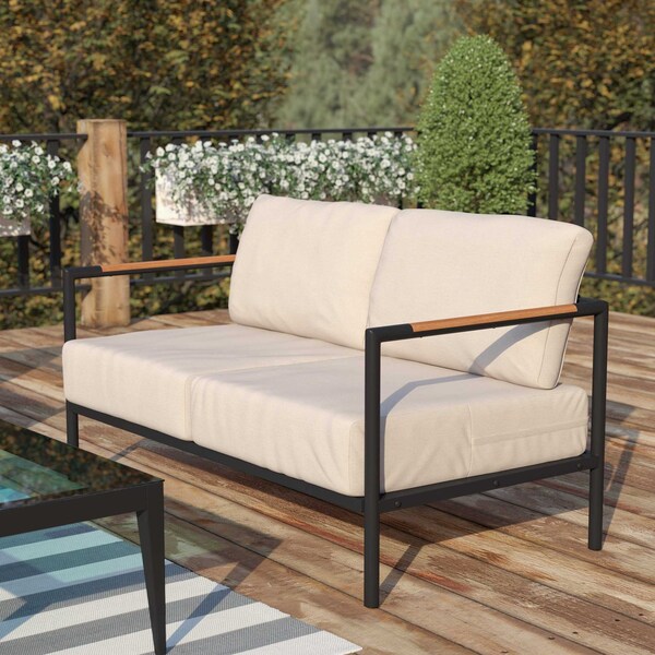 Flash Furniture Black Teak Accented Loveseat with Cushions - GM-201027-2S-GY-GG