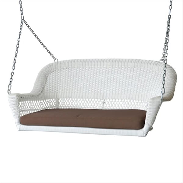 Jeco White Wicker Porch Swing With Brown Cushion - W00206S-B-FS007