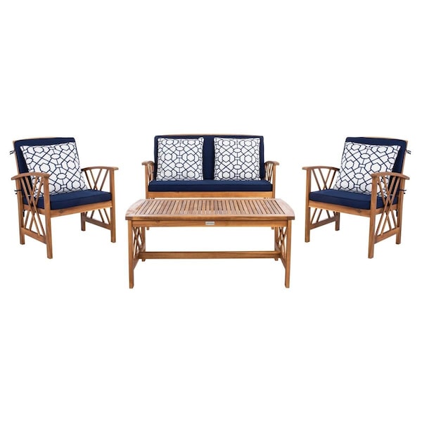Safavieh Fontana 4 Piece Outdoor Set, Natural, Navy & Mosaic Pillow - PAT7008J