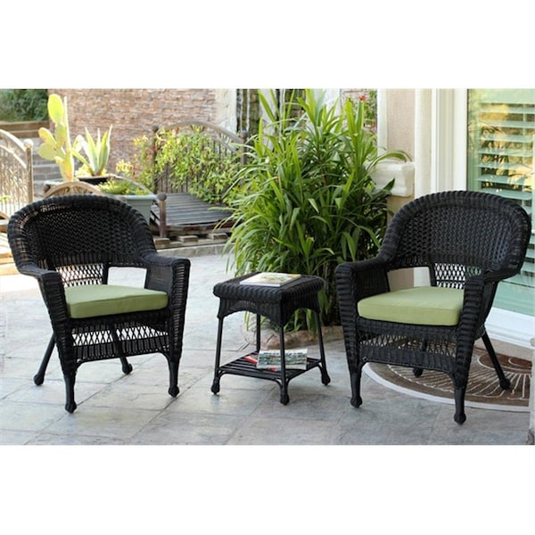 Propation 3 Piece Black Wicker Chair And End Table Set With Green Cushion - PR3001036