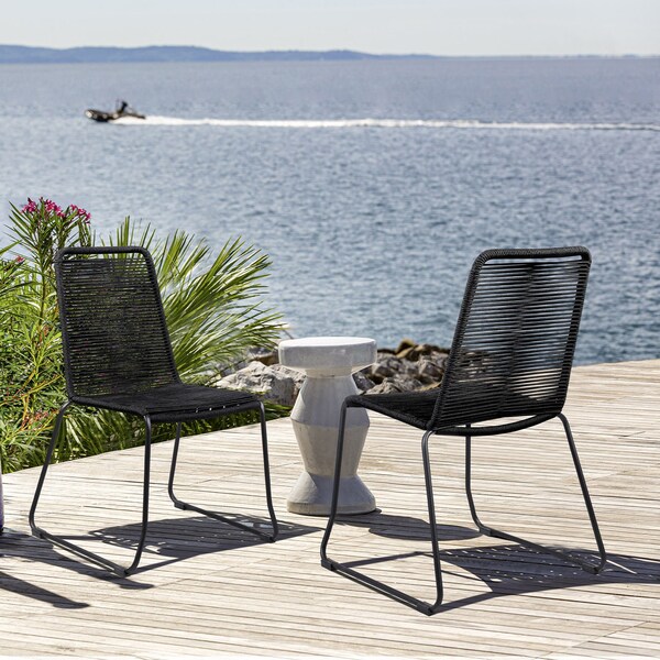 Armen Living Shasta Outdoor Metal and Black Rope Stackable Dining Chair - Set of 2 - LCSHSIBLK