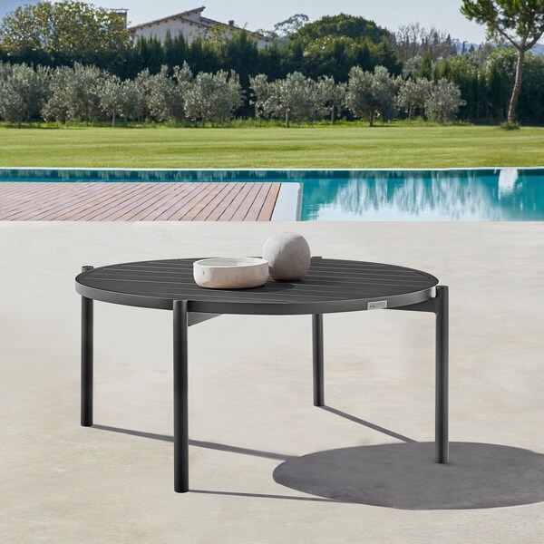 Armen Living Tiffany Outdoor Patio Round Coffee Table in Black Aluminum - 840254332577