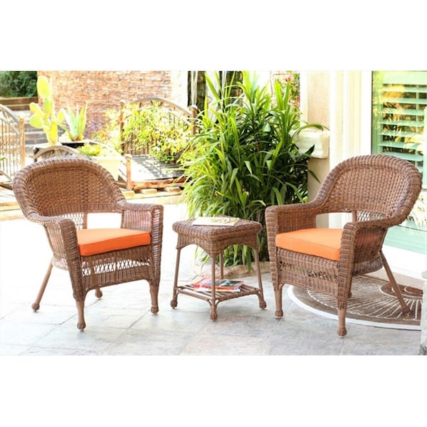Jeco 3 Piece Honey Wicker Chair And End Table Set With Orange Chair Cushion - W00205_2-CES016