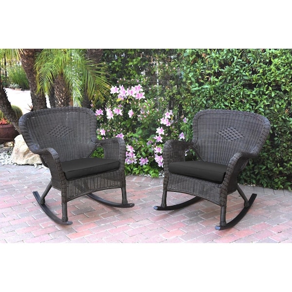 Jeco W00215-R-2-FS017 Windsor Espresso Resin Wicker Rocker Chair with Black Cushion, 2PK - W00215-R_2-FS017