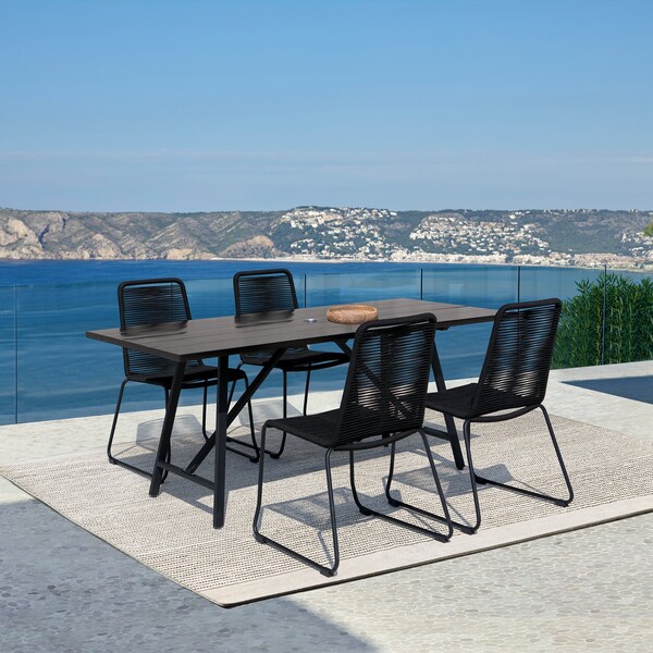 Armen Living Koala and Shasta 5 Piece Dining Set in Dark Eucalyptus and Metal with Black Rope - 840254332362